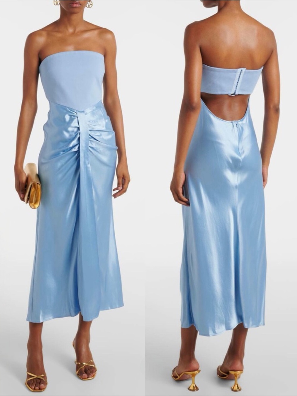 Staud Wayfaring Women’s Baby Blue Mix Media Strapless Cocktail Midi Dress SZ 12